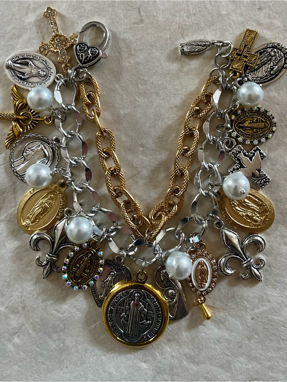Catholic Saints and Crosses Charm Bracelet: St. Benedict, Silver and gold